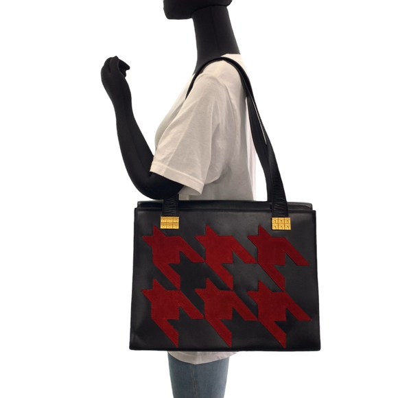 CELINE Vintage Sen Pattern Black Red Gold Hardware Leather Tote Bag - Picture 7 of 10